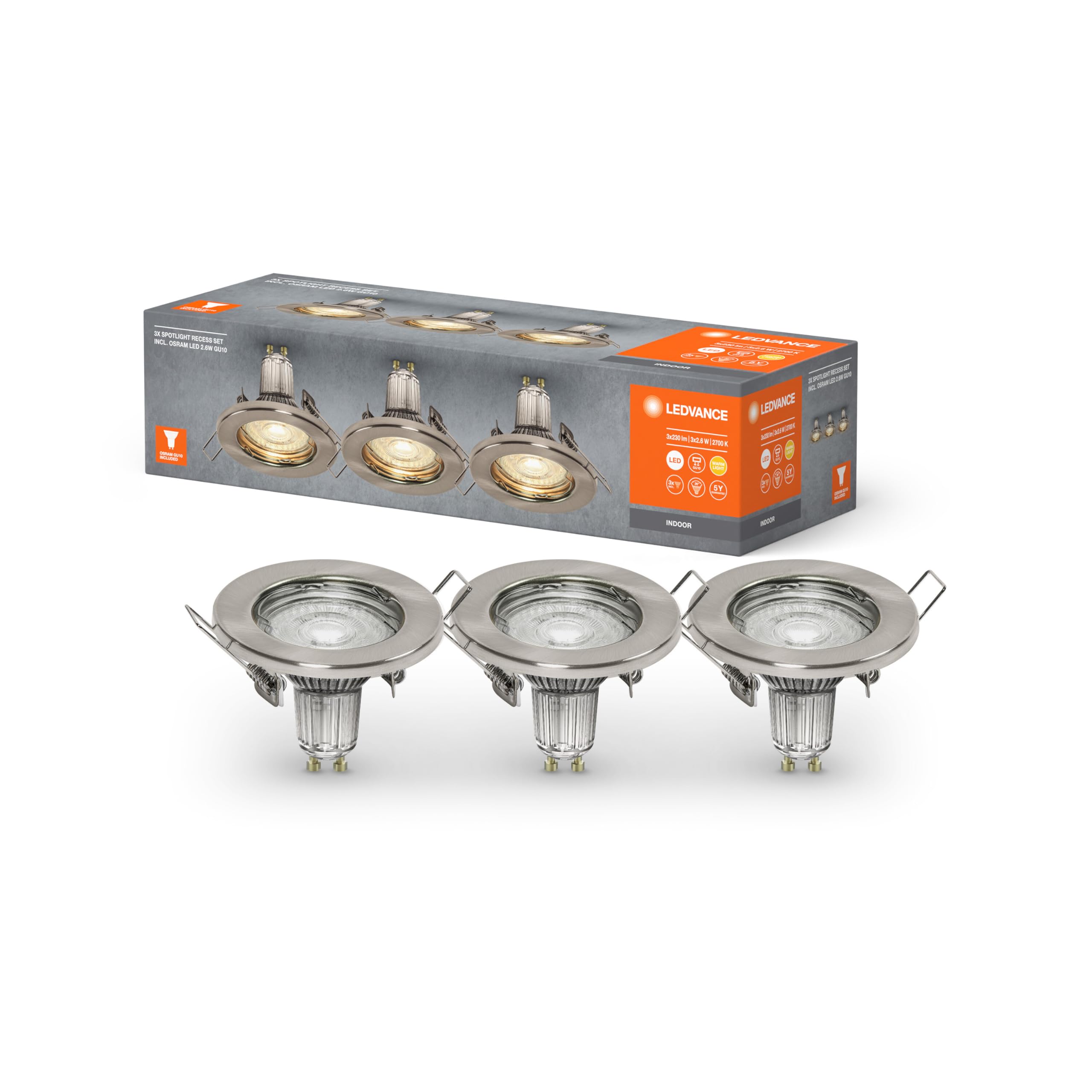 LEDVANCE Recessed Spotlight in Brushed Nickel Incl. Replaceable 2.6 Watt GU10 Bulb, LED Spotlight, Light Colour Warm White (2700K), IP20, 3-Pack