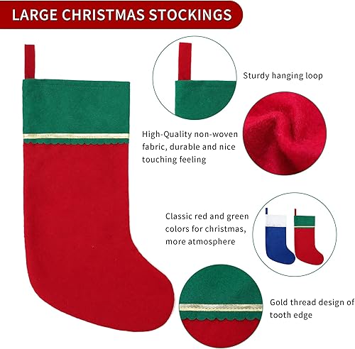 Miniatura 10 de Paquete de 24 medias de Navidad de fieltro, 19 pulgadas, adornos colgantes de calcetines de Navidad azules y blancos, puño blanco con adornos