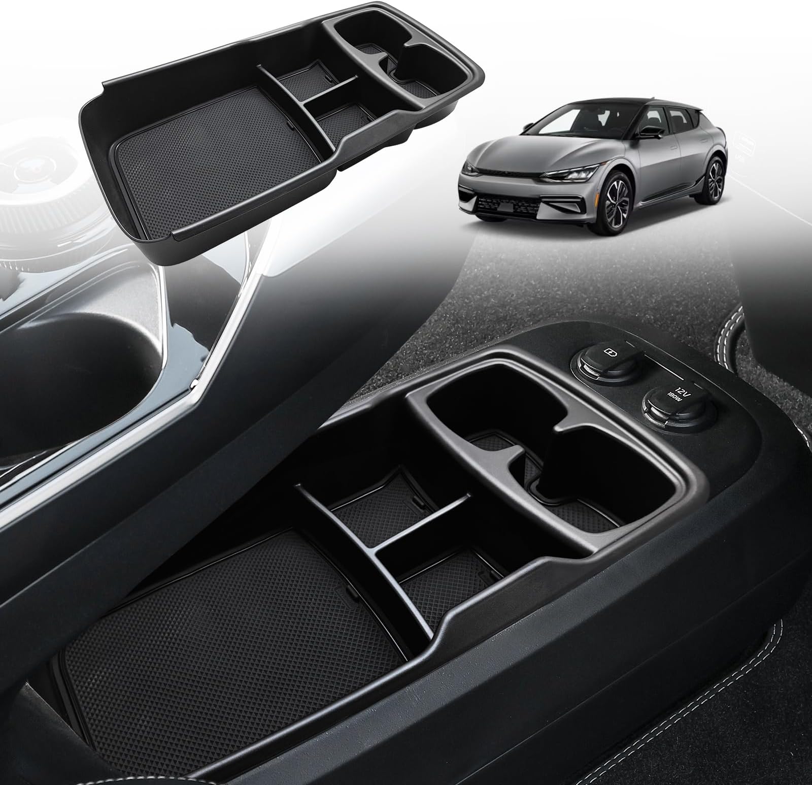 Lower Center Console Organizer Tray Compatible with Kia EV6 2022-2026 Interior Accessories Storage Box ABS Material with PVC Trim Accessories (Lower Organizer-V2)