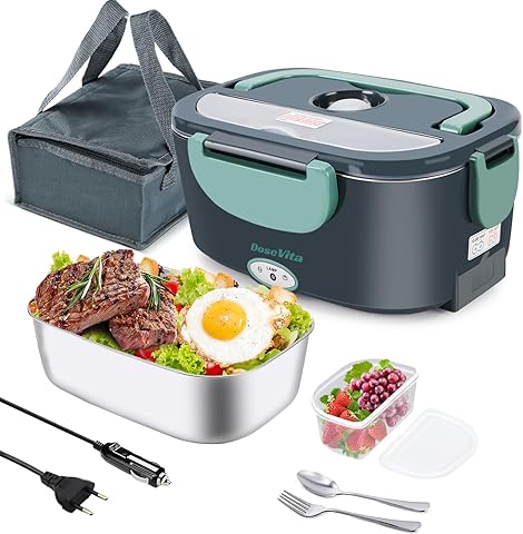 80W Fiambrera Eléctrica,Calentador de Comida Portátil con Recipiente de Acero Inoxidable de 1.5L, 12/24/230V Fiambrera Calentable para Hombre para Coche Camión Trabajo (Verde)