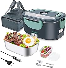 Portable Electric Food Warmer 80W 3 in 1 for Car Truck and Office 1.5L Lunch Box with Sponge Brush Fork and Bag (Green)
