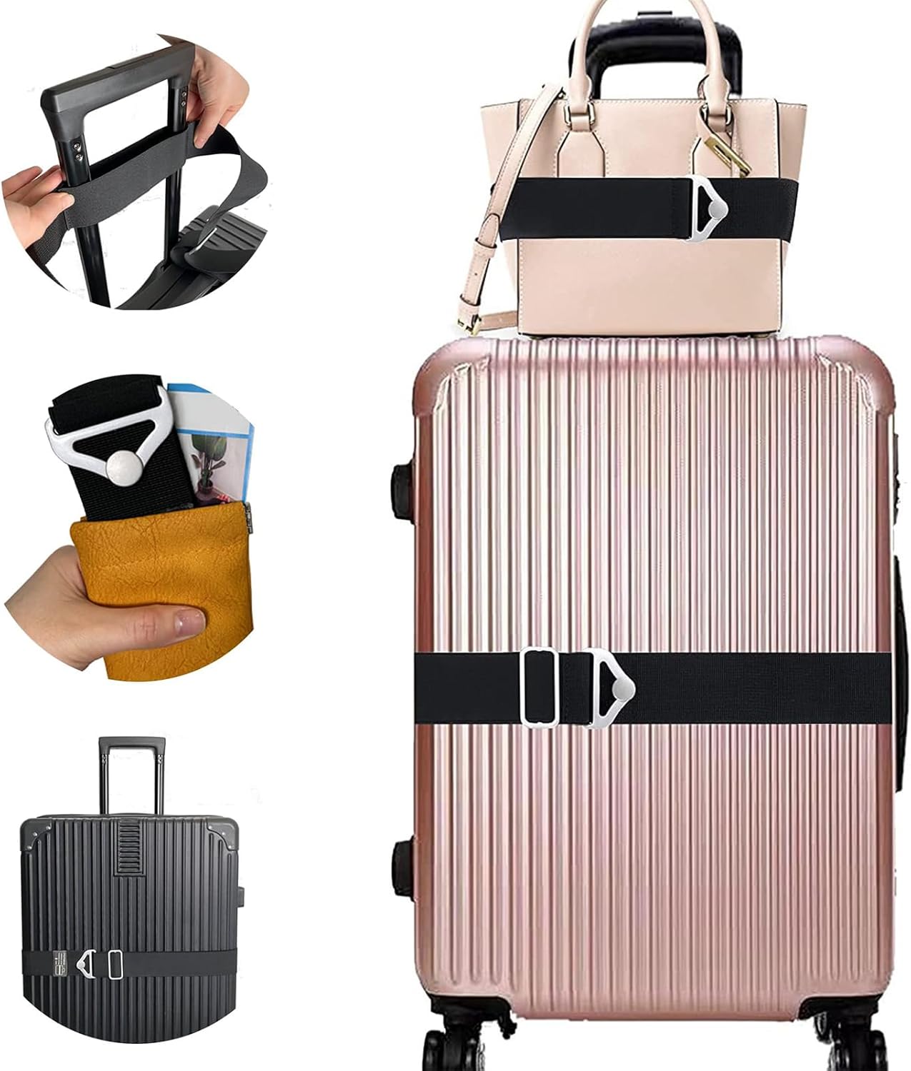 Auiremrti Luggage Strap Luggage Strap Luggage Carrying Strap Hand Luggage Strap 2 in 1 Adjustable Elastic Strap Travel Accessory (Black)