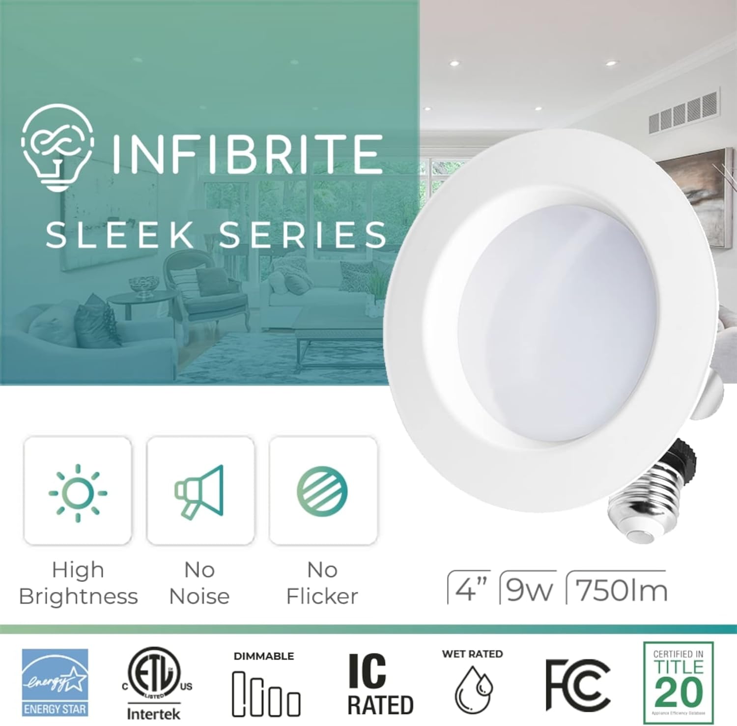 INFIBRITE 4 Inch 4000K Cool White 9W 750LM Recessed Retrofit LED Sleek Series Downlight Kit (Includes E26 Connector), Dimmable, Wet Rated (6 Pack)