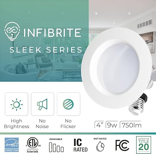 Miniatura 3 de INFIBRITE Kit de luces LED empotrables de 4 pulgadas, 6000 K, color blanco transparente, 9 W, 750 lúmenes, serie elegante (incluye conector E26),