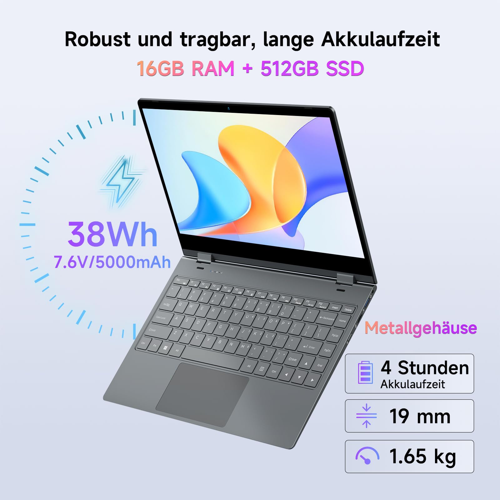 BMAX 2-in-1 Laptop Touchscreen Notebook Intel N150 up to 3.6GHz 16GB RAM 512GB SSD 14 inch Full HD Convertible Computer Beleuchtete Tastatur USB-C/3.2, Bluetooth, WiFi Deutsche Tastaturschutzfolie