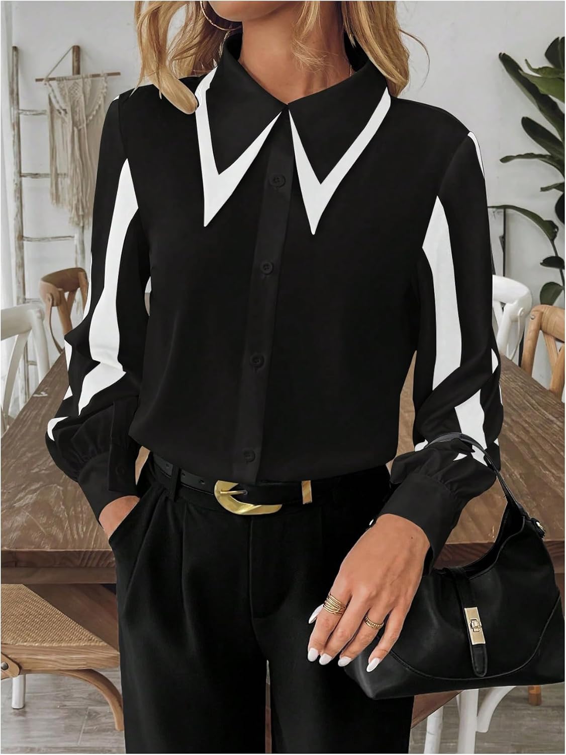 GORGLITTER Women's Color Block Shirt Long Sleeve Point Collared Button Down Shirt Business Causal Blouses - Image 5