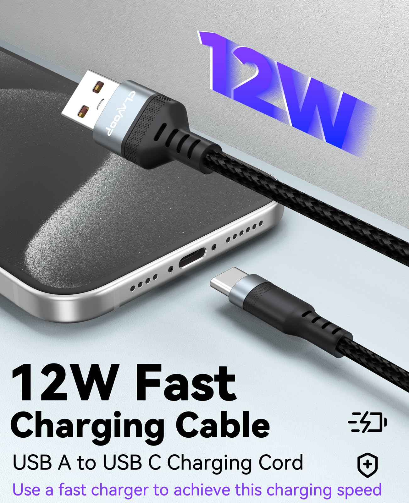 Cable USB C de 25 pies de carga rápida de 12 W, cable de carga USB A 2.0 a USB-C de 25 pies, 480 Mbps, transferencia de datos tipo C, trenzado negro para iPhone 17/16/15, Galaxy S25/24/23, Pixel XL/2