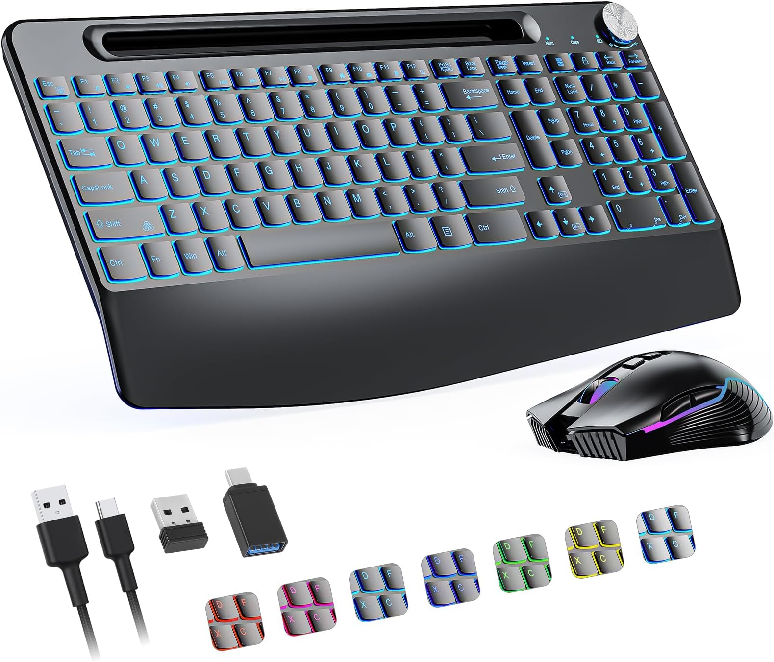 2.4G Wireless Keyboard and Mouse Combo, Rechargeable, Ergonomic Wireless Computer Keyboard, with 7 Colored Backlits & Phone Holder & jiggler mouse & VOLUME KNOB, for Mac Windows Laptop PC (Black)
