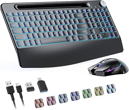 2.4G Wireless Keyboard with Mouse, Backlit Wireless Keyboard Mouse Combo,Rechargeable,with 7 Colored Backlits &Phone Holder &Wrist Rest &jiggler Mouse.Lighted up Full Size for Mac Windows Laptop PC
