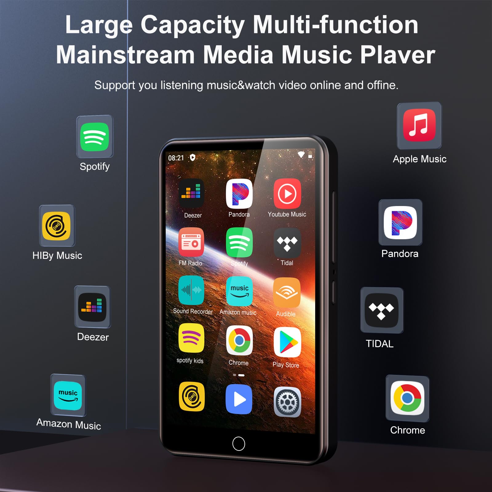 Android Lecteur MP3 avec Bluetooth et WiFi, 80 Go Lecteur MP4 avec Spotify, Amazon Music, Audible, Play Store, Radio FM, Lecteur de Musique Numérique avec écran tactile 4,0 pouces et haut-parleur-Noir