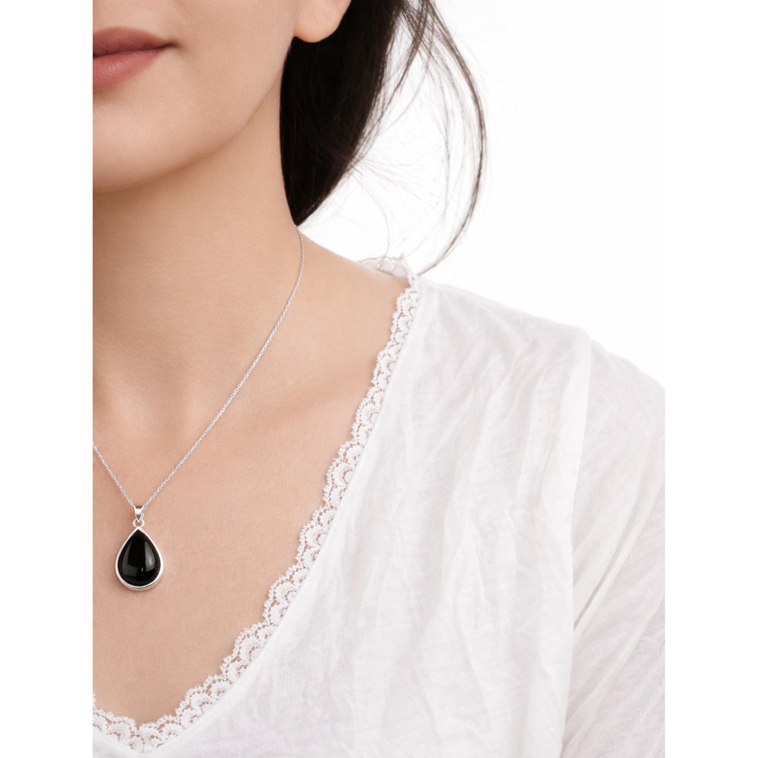 Collar Colgante Plata Esterlina 925 Hecho a Mano 5x20mm Ónix Negro en Forma de Lágrima 40+5cm Cadena