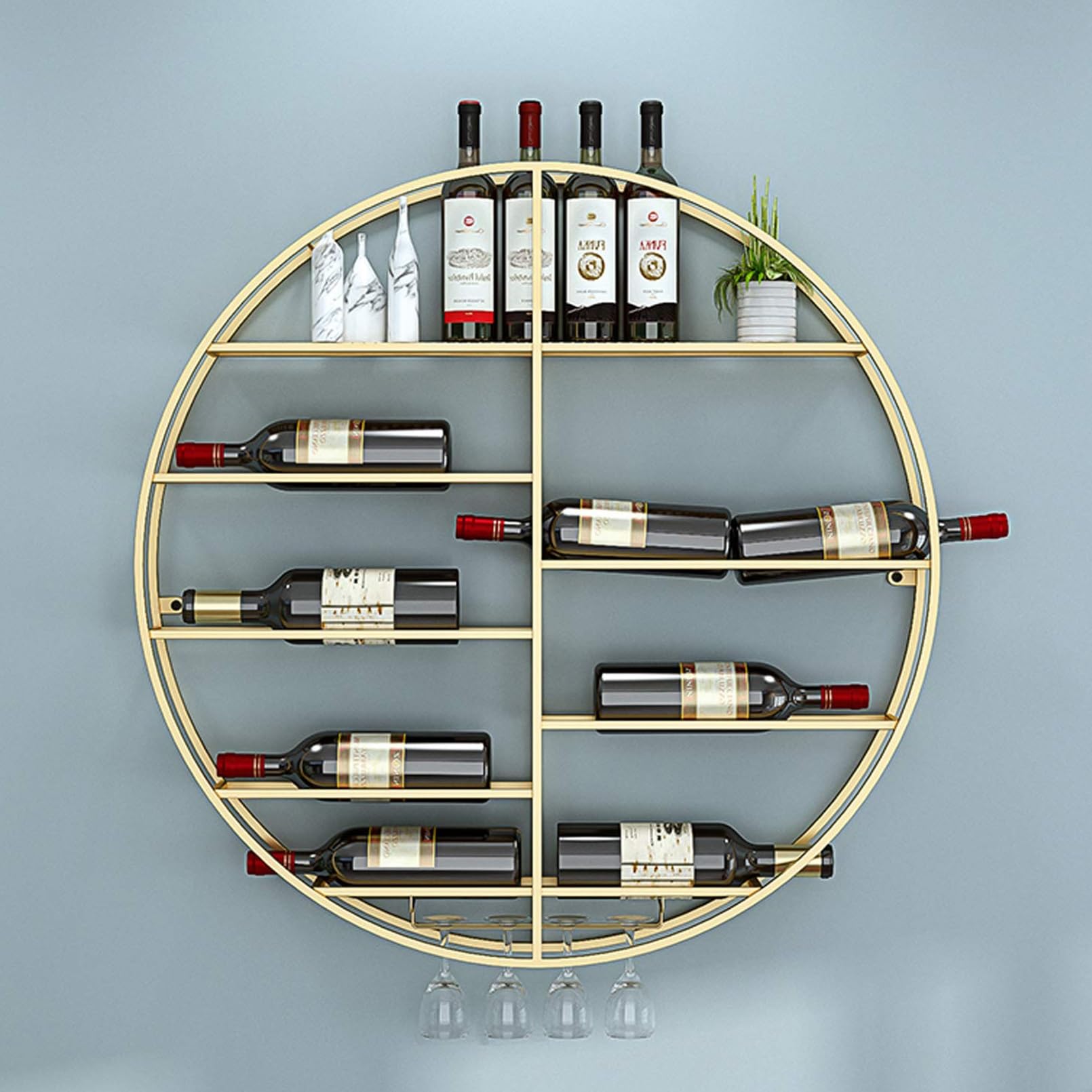 Étagère à vin murale ronde en métal avec support de verres suspendu
