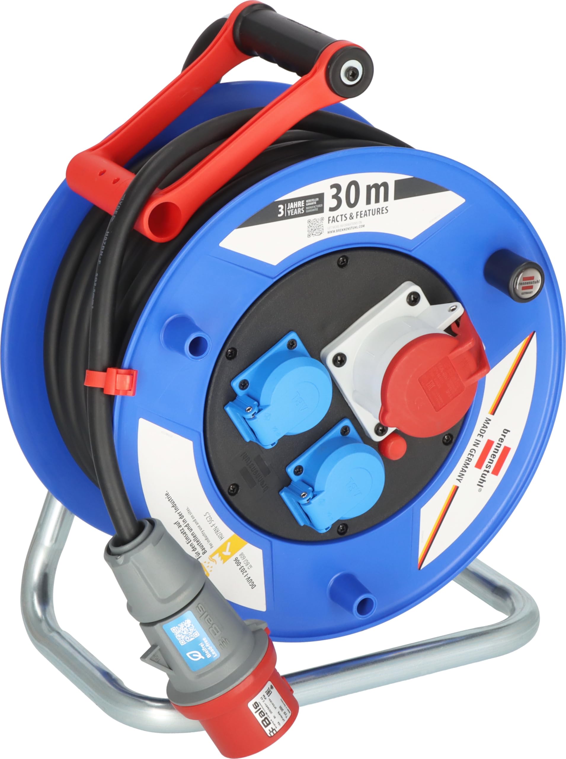 Brennenstuhl Garant CEE 1 IP44 Industrie-/Baustellen-Kabeltrommel (30m Kabel in schwarz, Spezialkunststoff, Baustelleneinsatz und ständiger Einsatz im Außenbereich, BGI 608, Made in Germany) blau