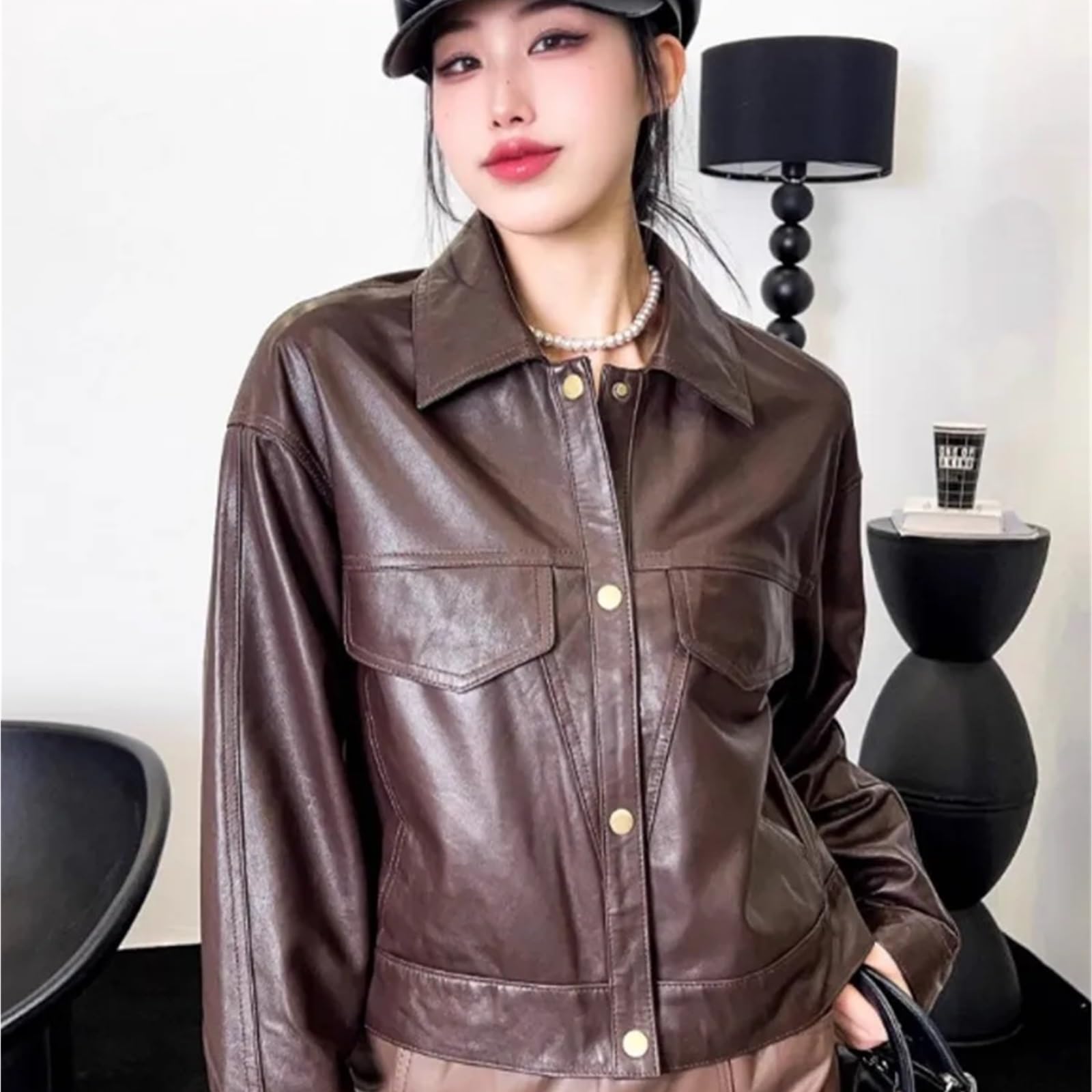 Chaqueta Cuero Mujer Chaqueta de cuero genuino estilo motociclista for mujer, un solo pecho, holgada, con protección contra el aceite y la cera Para salir