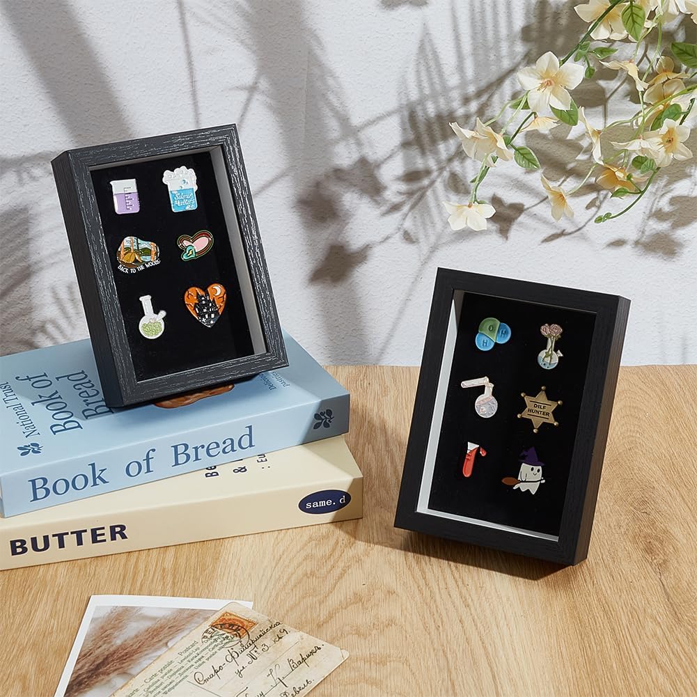 WEBEEDY 2 Pcs Black Enamel Pin Display Frame Case Lapel Pin Shadow Box Frame with 5.5x3.6 Inches Felt Back, Small Shadow Box Badge Brooch Pins Medal Display Frames for Desktop Wall Decor