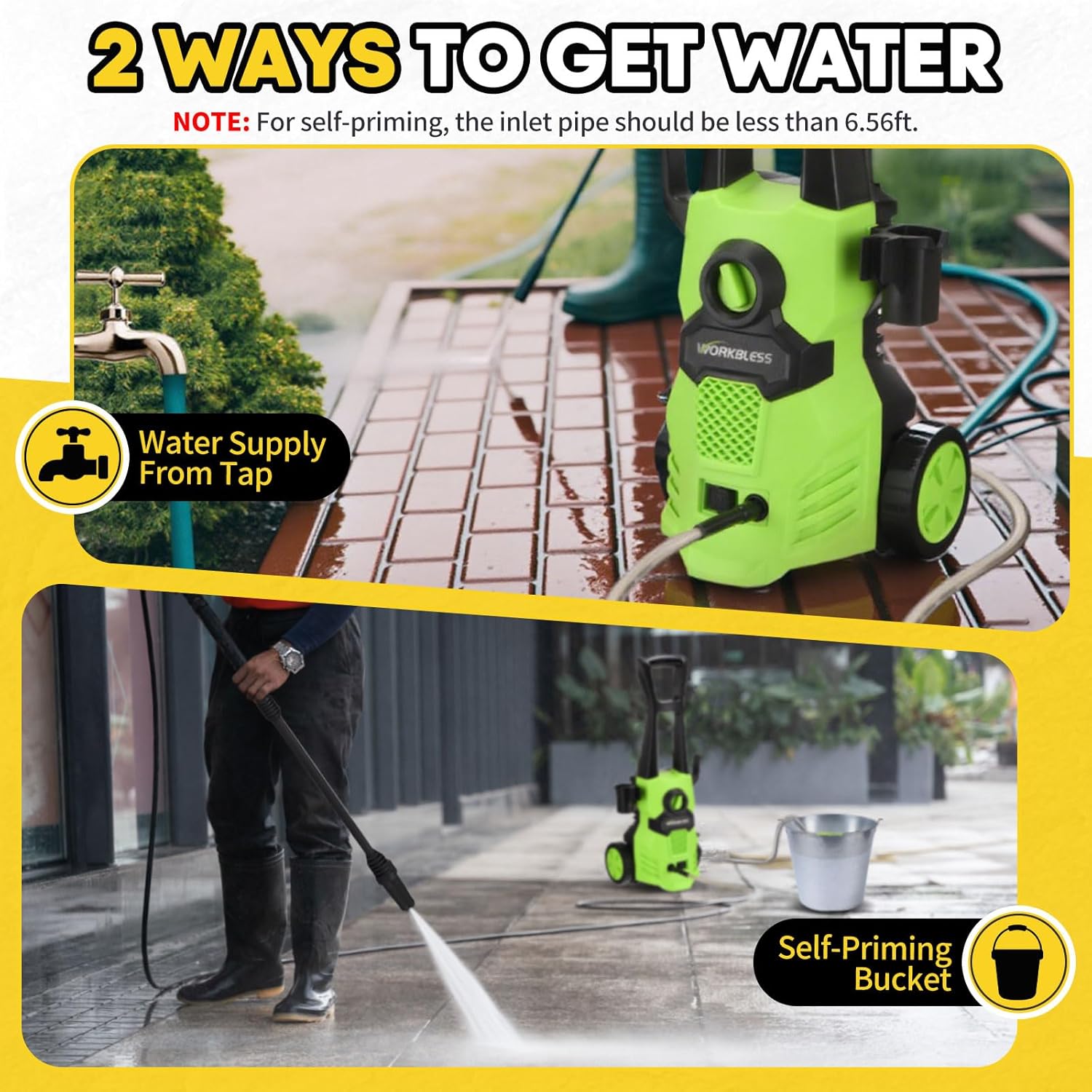 Images showing two ways to get water for the pressure washer: from a tap and self-priming from a bucket