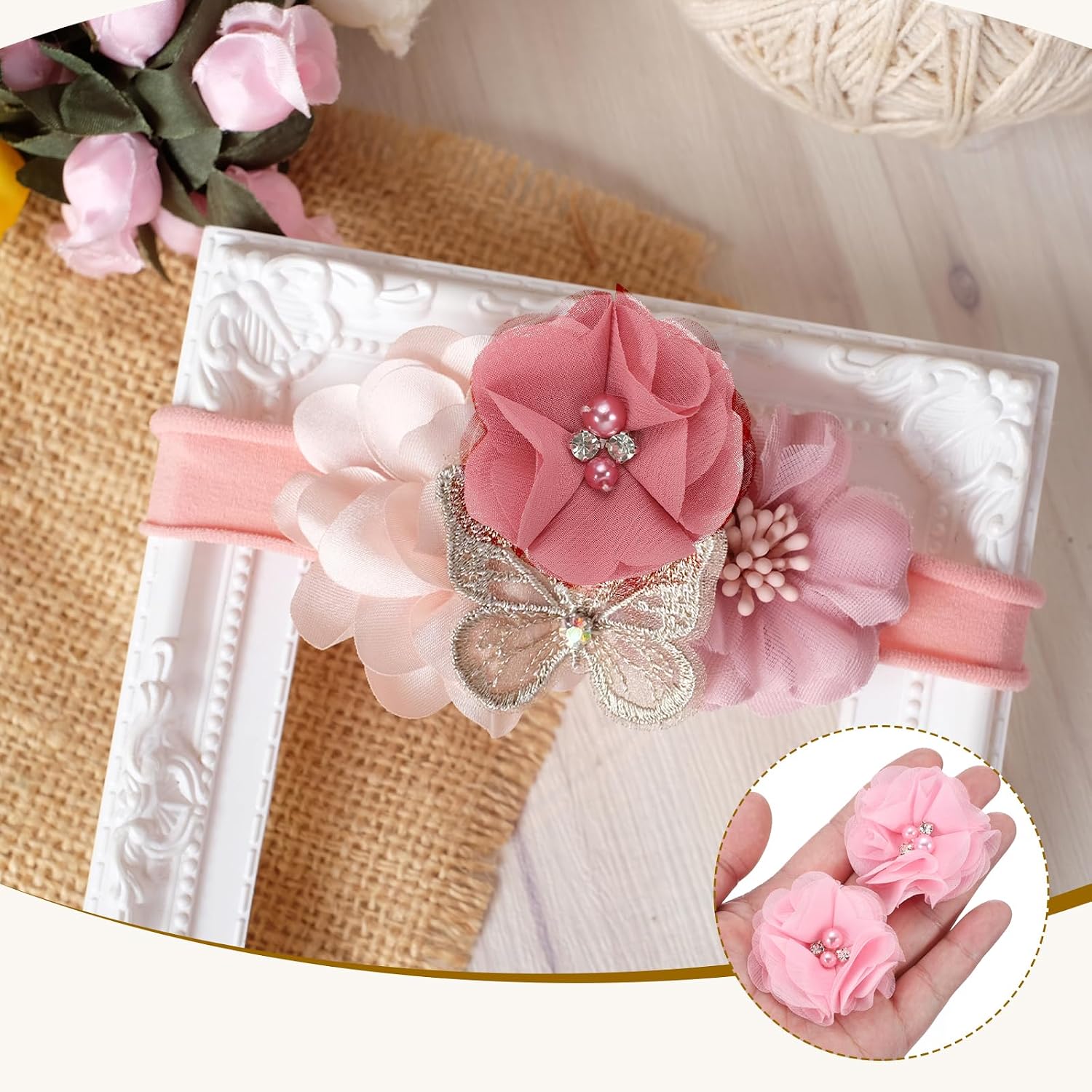 PATIKIL 2 Inch Chiffon Flowers, 12 Pcs Rhinestone Pearl Sewing Fabric Flowers Artificial Appliques Embellishments for Clothing Wedding DIY Craft Headbands Decor, Pink