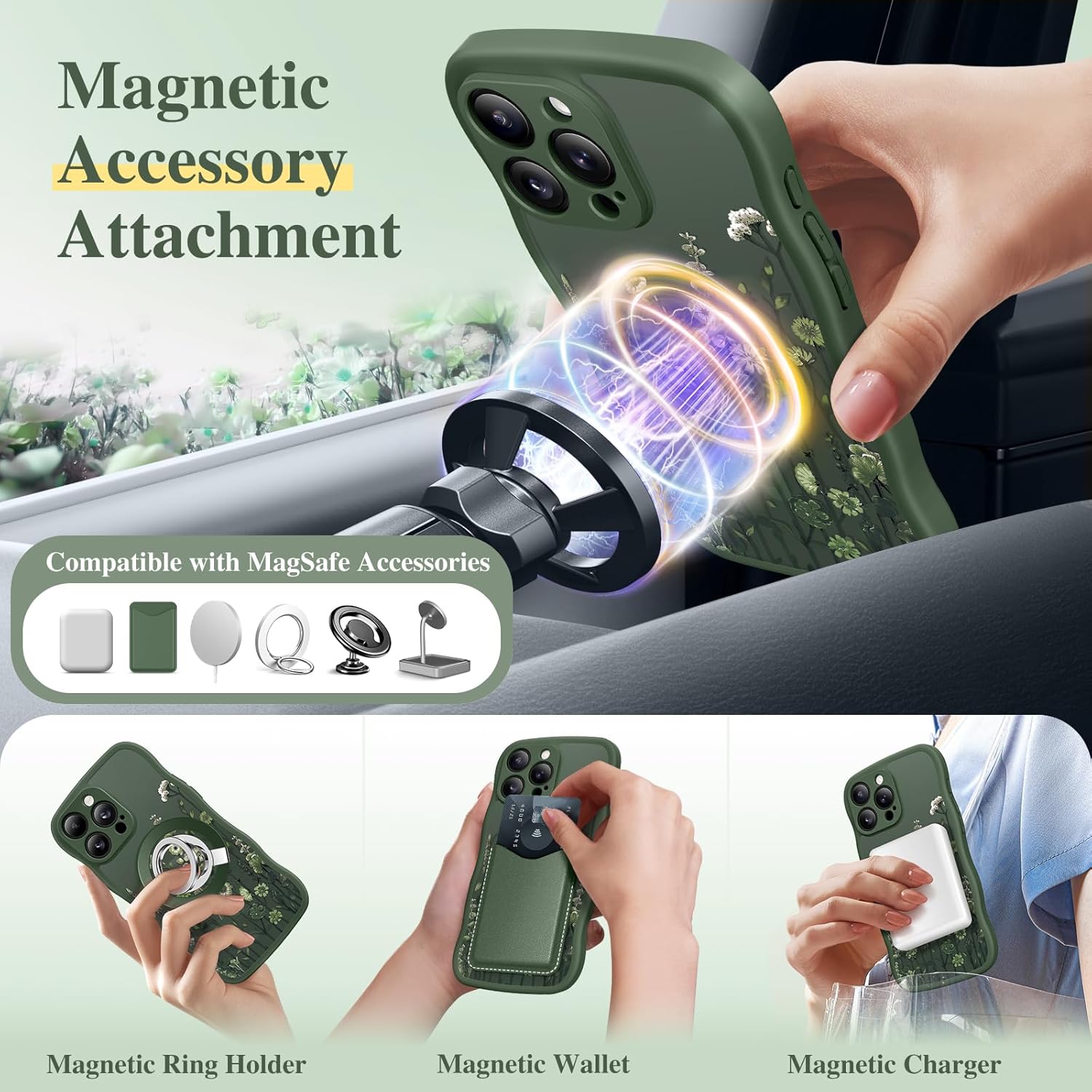 GVIEWIN for iPhone 16 Pro Max Case Compatible with MagSafe [Curly Wave Edge][Full Camera Protection] Floral Translucent Shockproof Magnetic Women Phone Case for 16 Pro Max, Floratopia/Forest Green