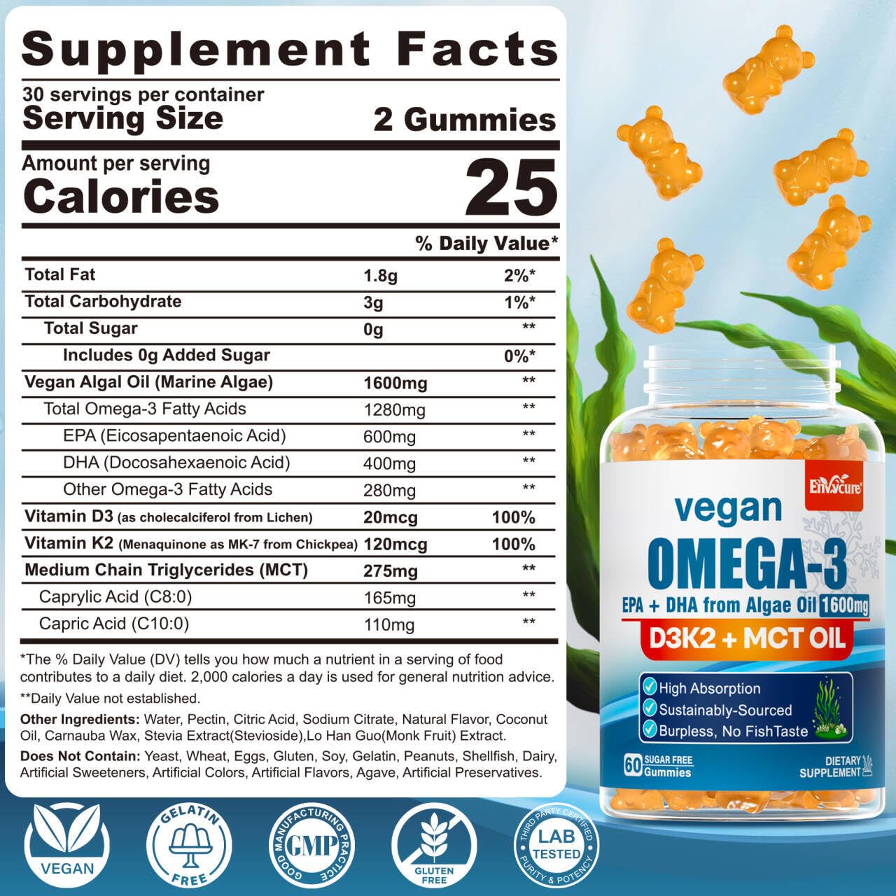 Vegan Omega 3 Gummies 1280mg + Vitamin D3 K2 (MK7) for Women Men, 2 Pack — Amazon image 2