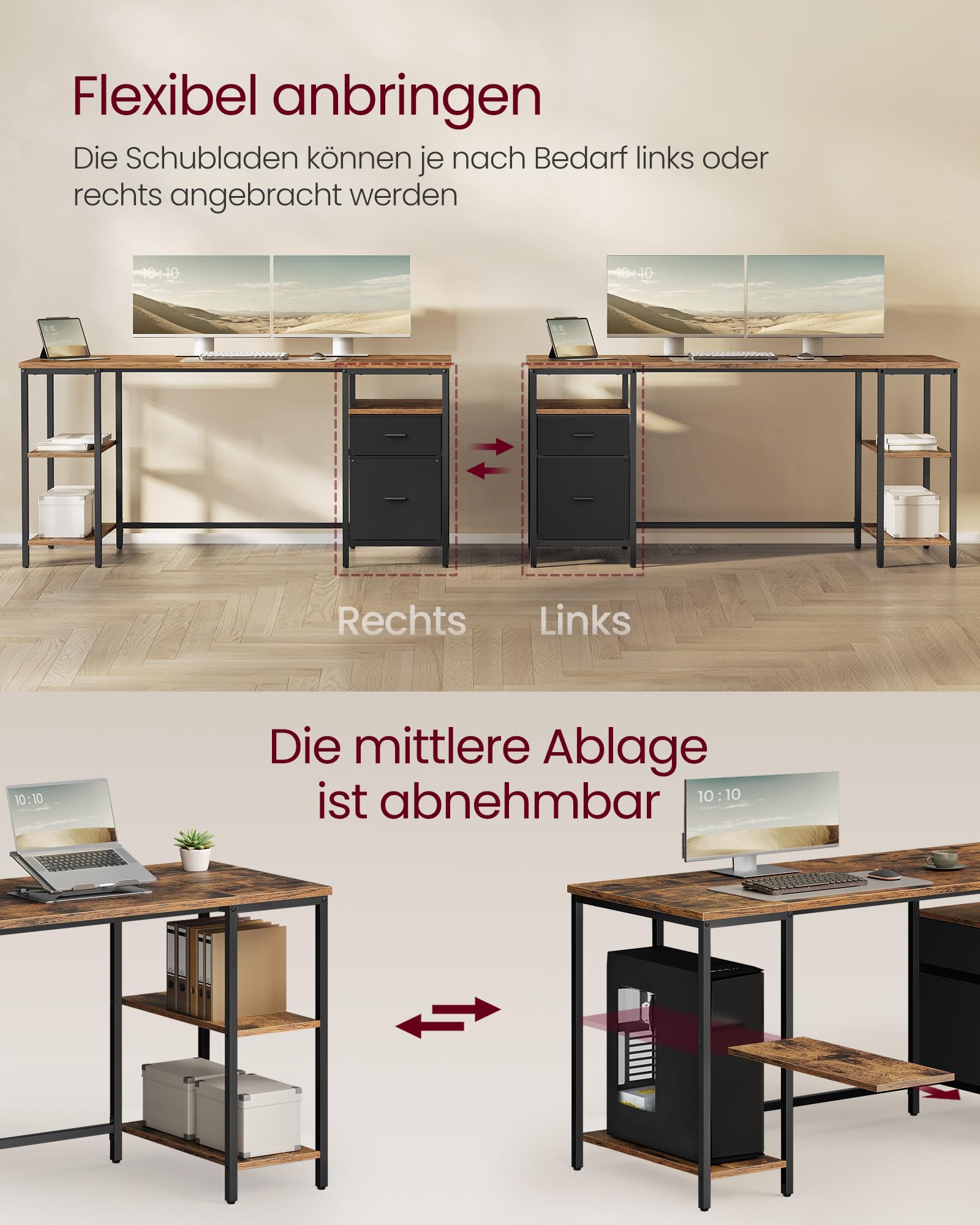 VASAGLE Computertisch, Bürotisch, Schreibtisch, mit 3 Ablagen, 2 Schubladen, 160 x 60 x 76 cm, fürs Büro, Wohnzimmer, Industrie-Stil, vintagebraun-schwarz LWD105K01
