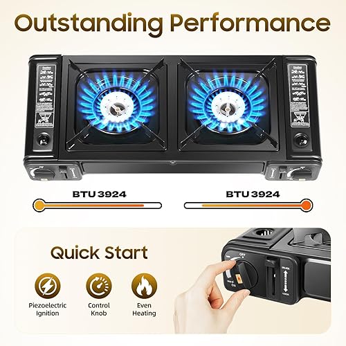 Miniatura 4 de Estufa portátil de butano de doble quemador, 2 x 3924 BTU, 24.2 pulgadas, con bandeja antiadherente para parrilla, para acampar al aire libre y