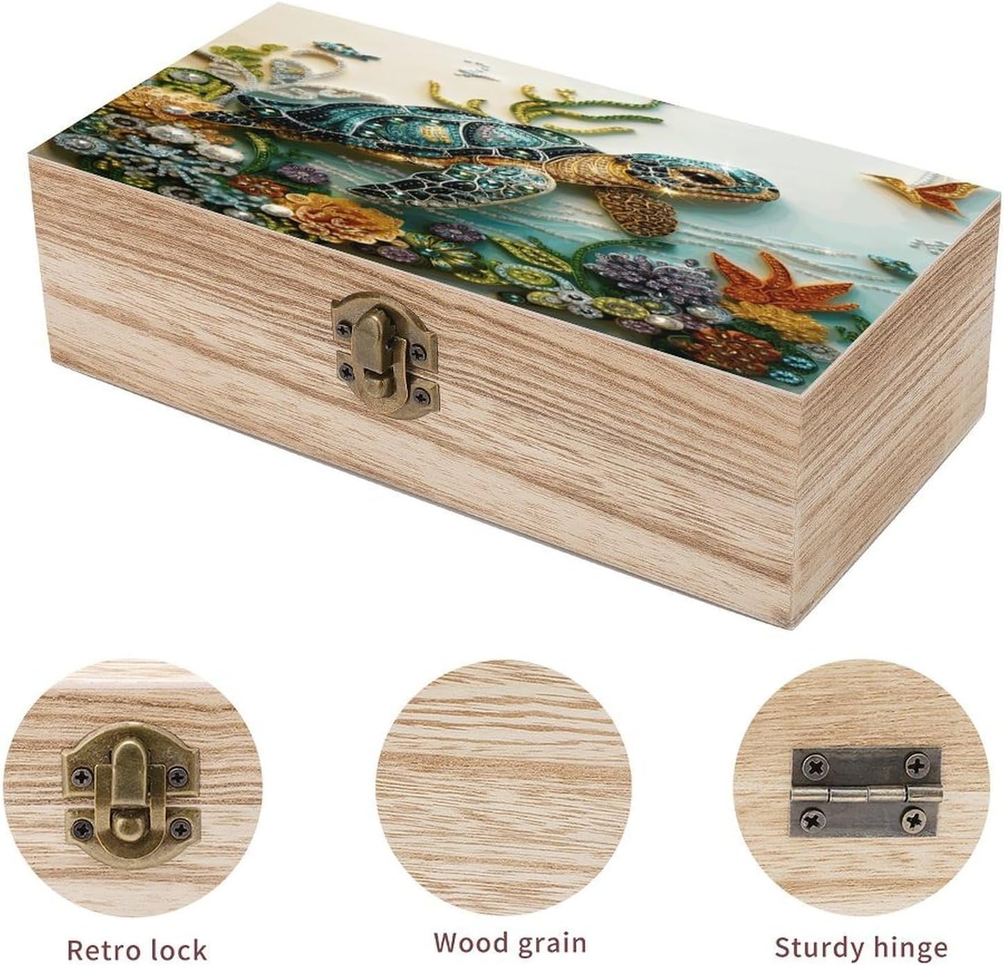 Gorgeous Sea Turtle Vintage Wooden Storage Box with Hinged Lid Natural Wood Keepsake Box for Jewelry, Crafts & Gifts Rustic Memory Box Organizer for Home Decor, Rings, Trinkets image 3