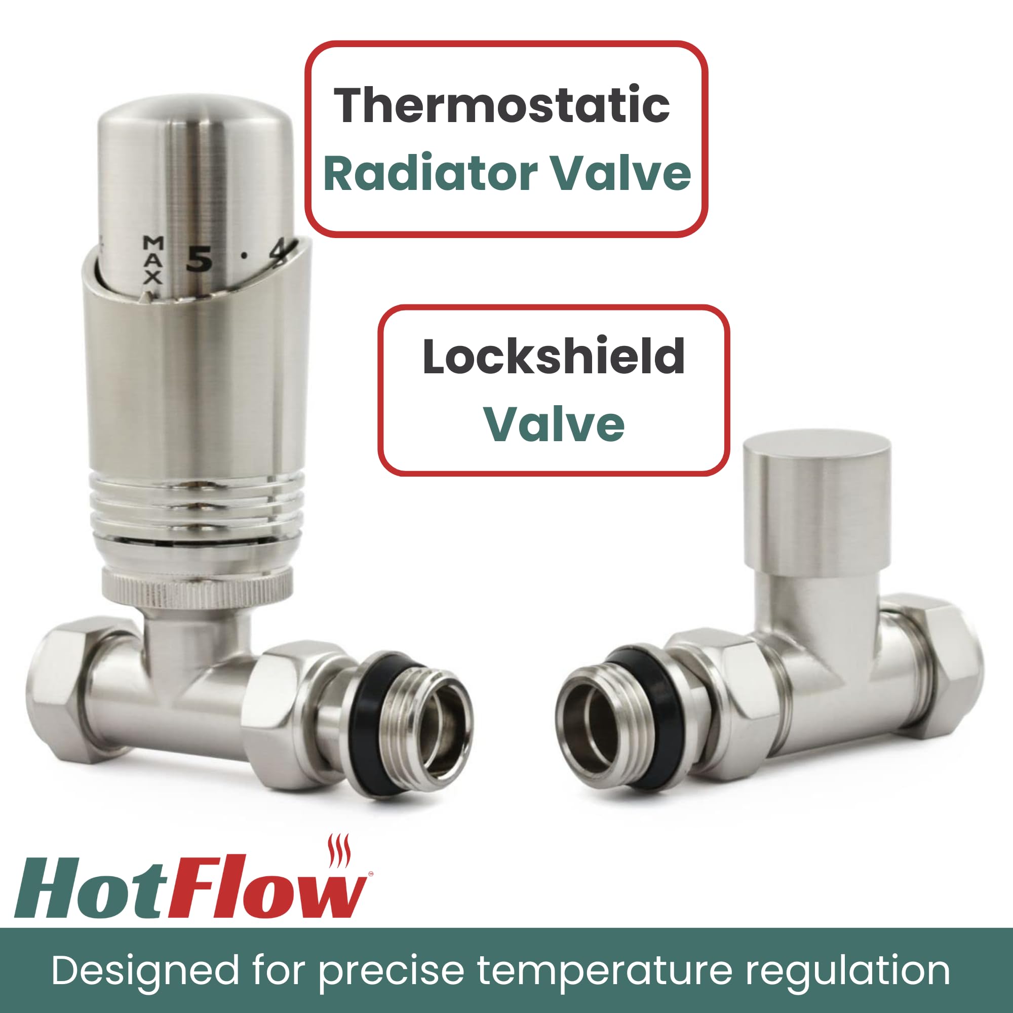 Hot Flow Satin Nickel Cascade Straight Modern TRV Thermostatic Radiator Valve (Pair) Includes TRV Body & One Lock Shield for Quick & Easy Temperature Control. Perfect for Energy Saving - Image 2