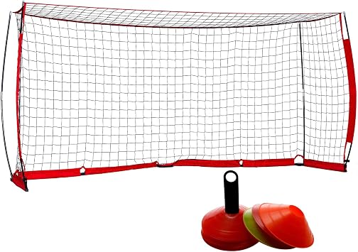 Portable Soccer Goal Set 12x6 ft Soccer Goal for Backyard Practice and 12 Soccer Cones | Soccer Equipment for Training | for Outdoor Play w Knotless Net, 12 Sport Cones