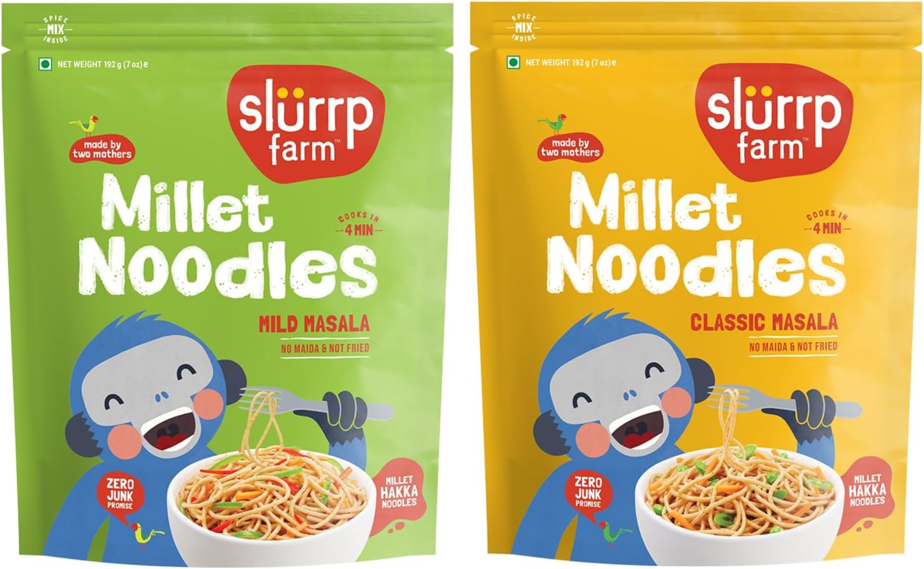 Millet Noodles Variety Pack | Mild & Classic Masala | No Maida, Not Fried | Nutritious, Wholesome & Tasty Meal for Kids & Adults | Cooks in 4 Mins | 6.77 Oz (Pack of 2)