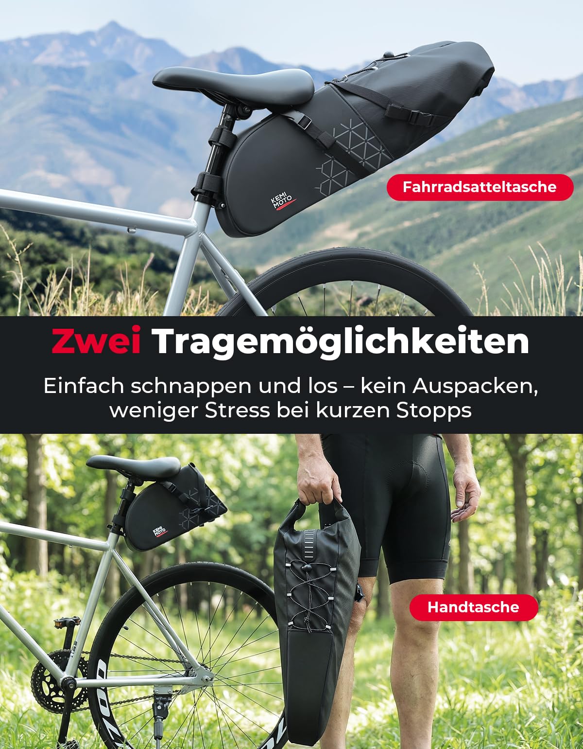 KEMIMOTO Satteltasche Fahrrad Wasserdicht 13L, Bikepacking Tasche mit herausnehmbarem Innensack, 2-in-1 Design & Formstabil für Gravel Bike, Rennrad, MTB & E-Bike – Schwarz