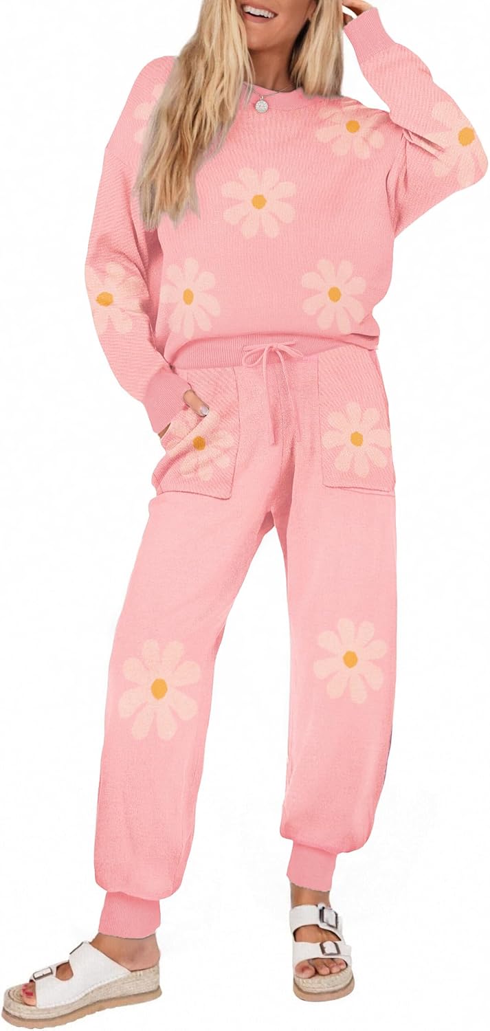 Ekouaer Women's 2 Piece Lounge Set Long Sleeve Knit Pajamas Sweatsuit Jogger Pant Outfits With Pockets S-XXL