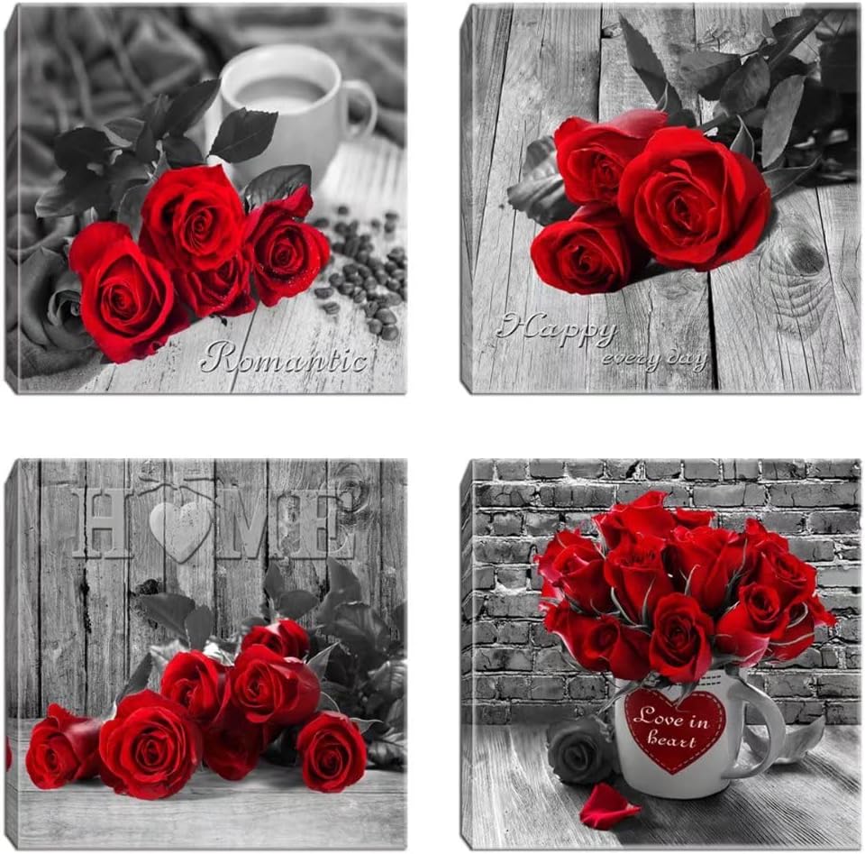Wall Art For Bedroom Black and white Wall Decor,Rose Flower Wall Pictures Red Canvas Painting Framed for Living Room Bathrooom Decoration