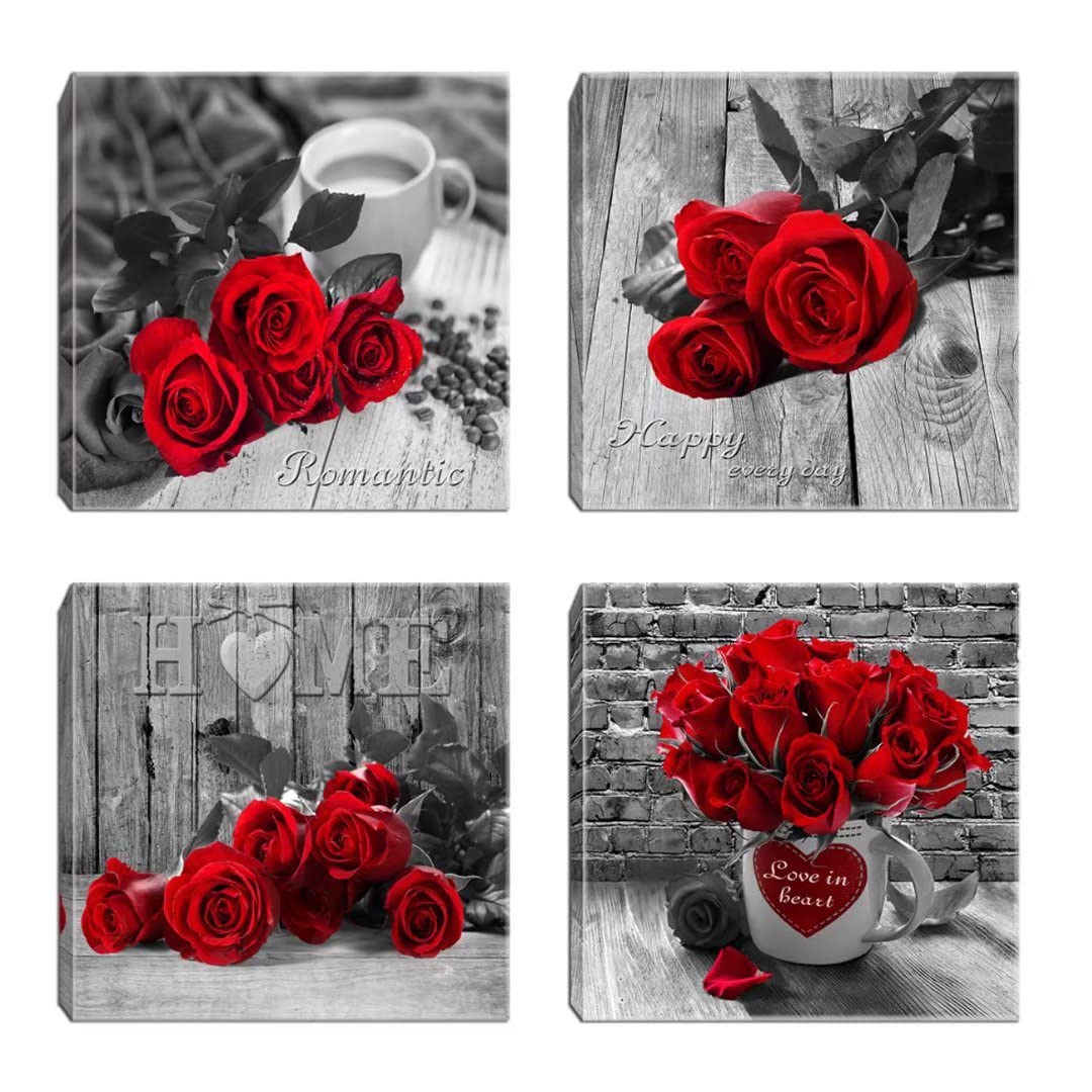 Wall Art For Bedroom Black and white Wall Decor,Rose Flower Wall Pictures Red Canvas Painting Framed for Living Room Bathrooom Decoration