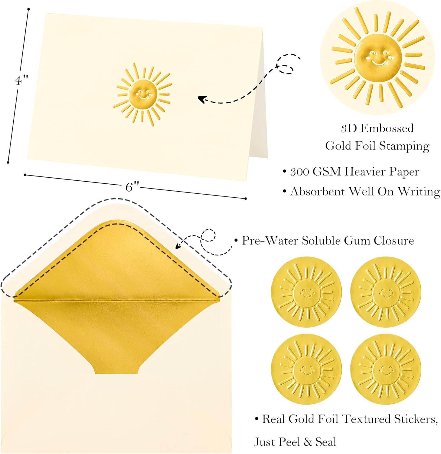 Crisky 50 Pack Smile Boho Sun Blank Cards and Envelopes 4x6, Embossed Gold Foil Blank Greeting Cards Bulk for Wedding, Bridal Shower, Baby Shower, Birthday Party Decoration Favors