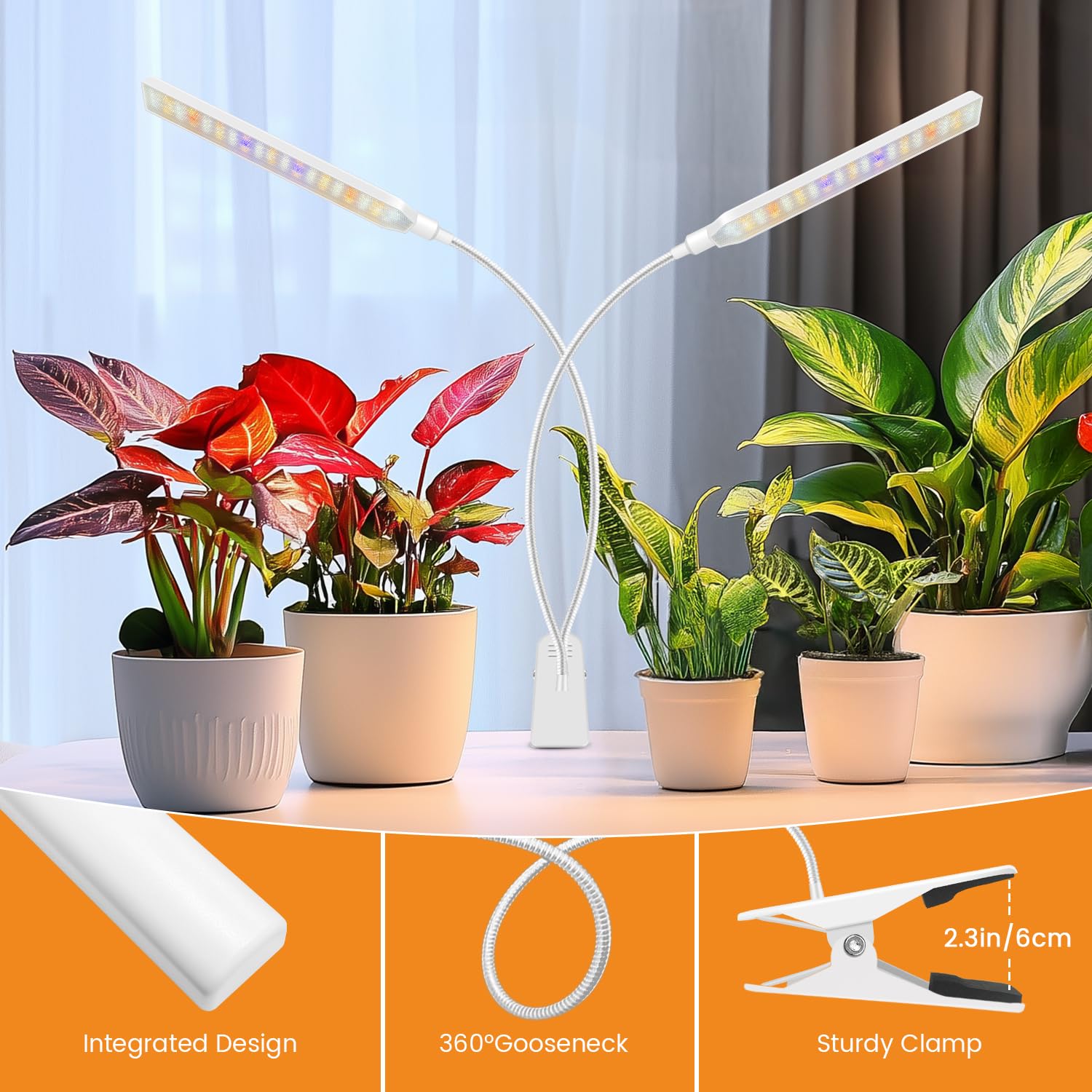 Kullinss Lampe de croissance blanche à 2 têtes à clipser pour plantes d'intérieur avec minuterie de 6/12/16 h, 3 modes de couleur, 5 niveaux à intensité variable, 114 LED à spectre complet pour