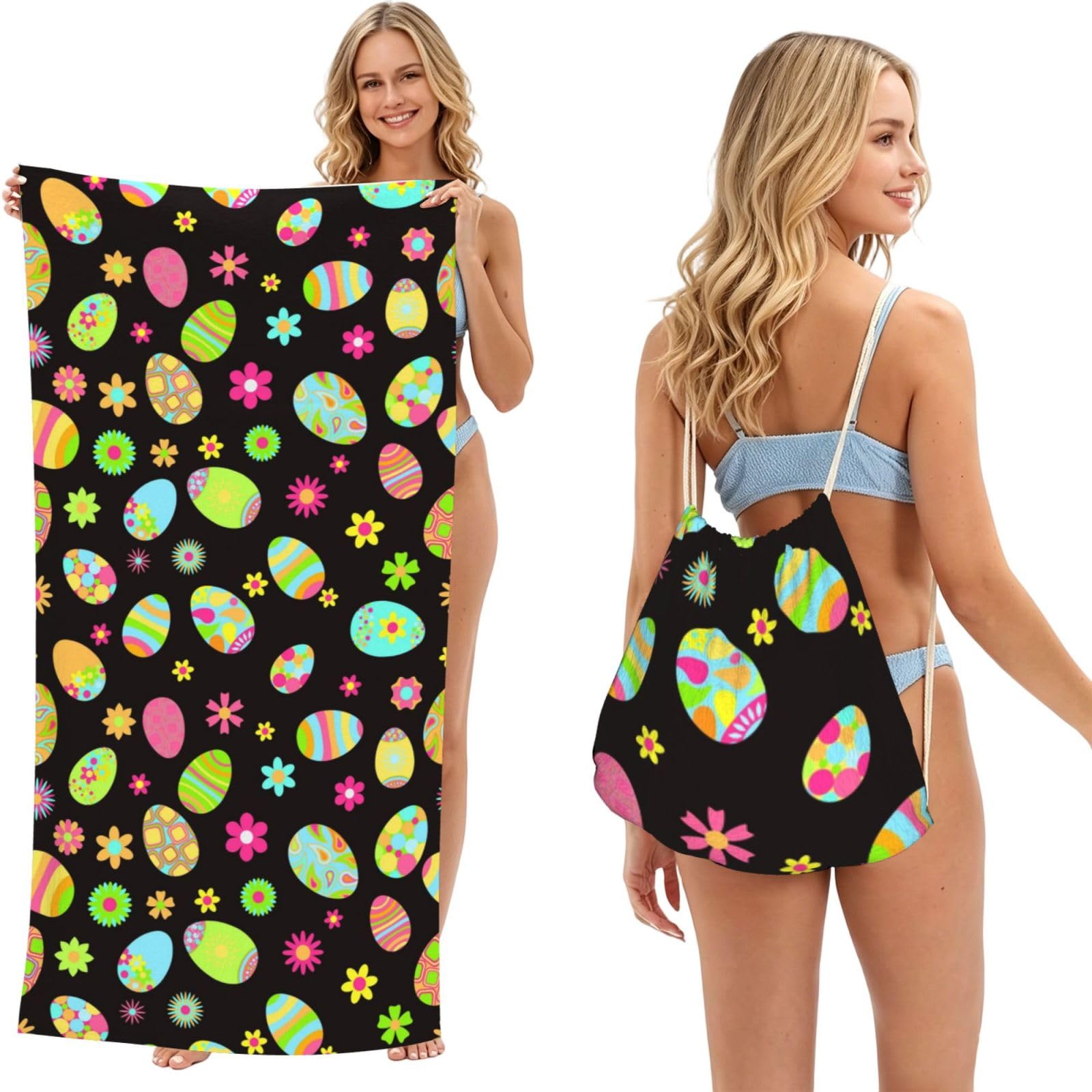 Poadnly As Picture Happy Easter Colorful Easter Eggs, 2 In 1 Packable Towel Bag, Beach Towels With Drawstring Backpack For Travel Holiday Camping