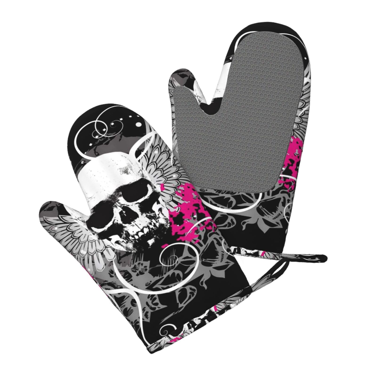 Silicone Oven Mitts Set 2PCS, Sugar Skull and Wings Printed Heat Resistant Non-Slip Silicone Oven Gloves for Kitchen Cooking Baking Microwave