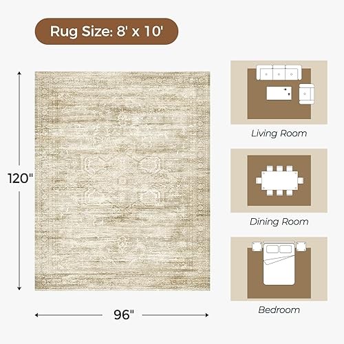 Miniatura 2 de Alfombras lavables de gran tamaño de 8 x 10 pies para sala de estar, dormitorio, comedor, lujosas, acogedoras, neutrales, retro, envejecidas,