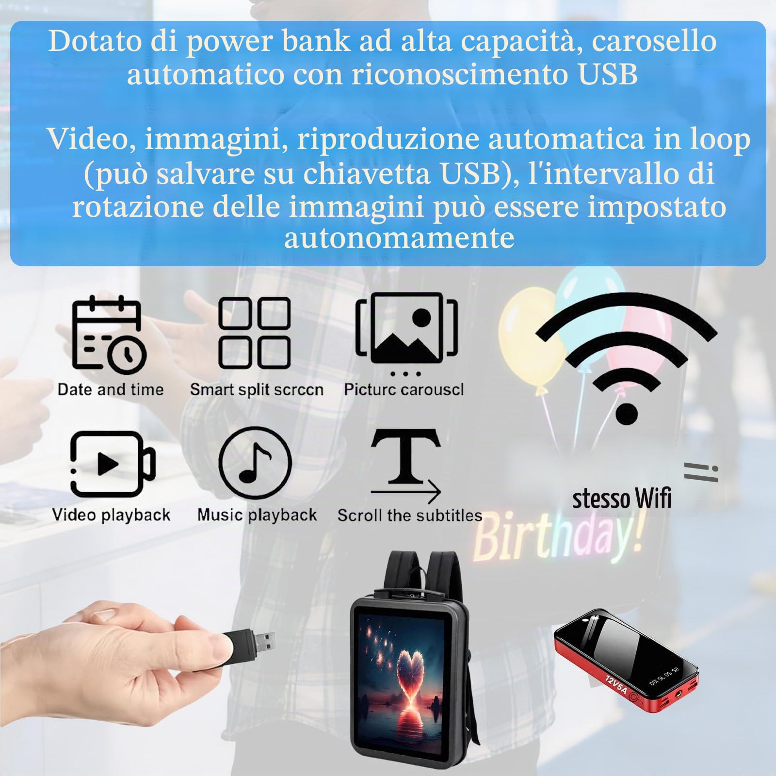 Display Digitale da Zaino per Esterni da 450 Nit, Ben Visibile Anche in Condizioni di Luce Intensa, Schermo da 15,4 Pollici, Adatto Sia per Scopi Pubblicitari Che per Il Noleggio