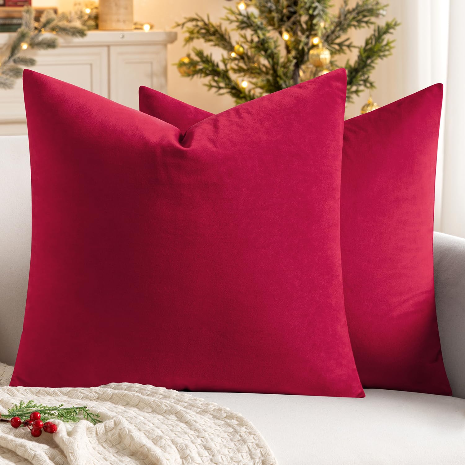 MIULEE Copricuscini di Natale Divano Camera da Letto Cuscini Arredo Fodere Arredamento Casa Federe Moderni Morbido Resistente in Velluto con la Cerniera Invisibile 2 Pezzi Rosso Brillante 40X40 CM