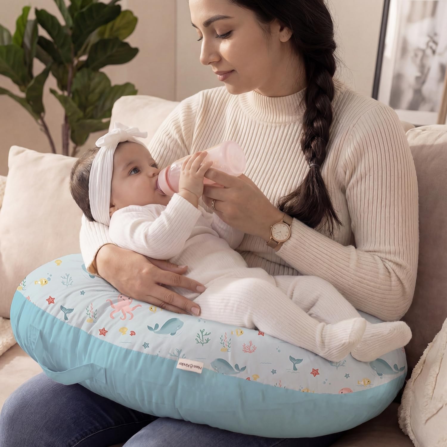 haus & kinder Newborn Nursing Feeding Pillow, Breastfeeding Pillows with Removable Cover, Infant Support for Baby and Mom Cradle 0-24 Months (Vitamin Sea, Cotton Poplin, Multicolor)