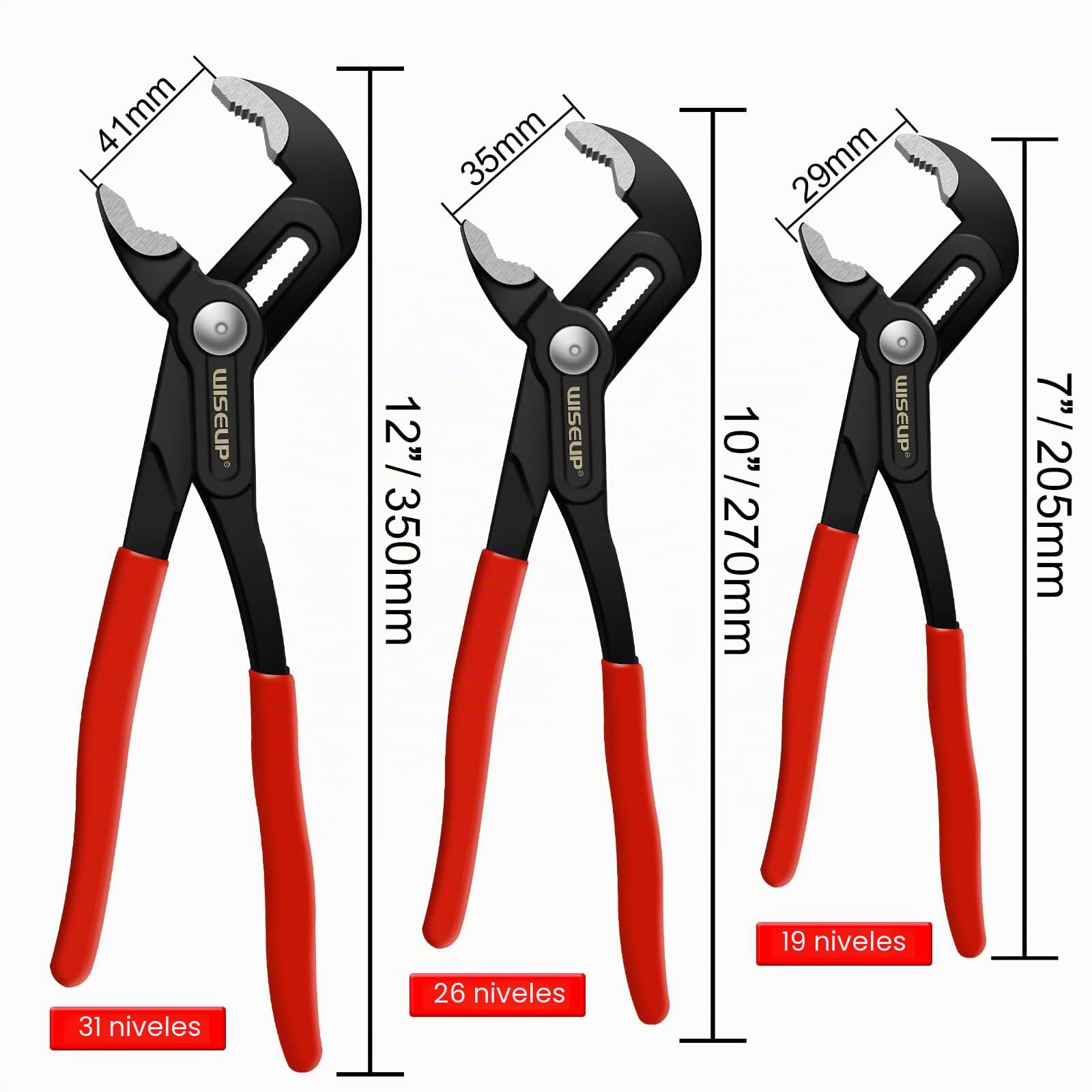WISEUP Alicate Extensible de Pico Loro, 305 mm alicates, pico loro de material CR-V, tenazas de bomba de agua antideslizantes ergonómicas, herramientas fontaneria