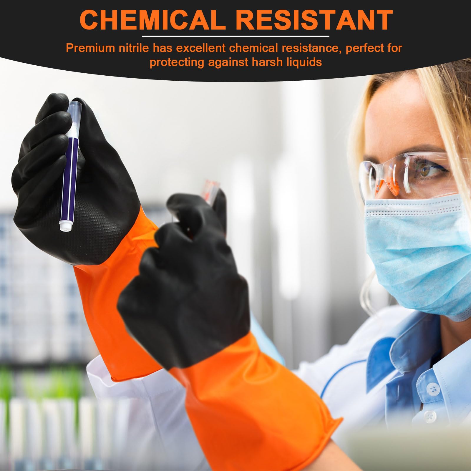 Copkim 12 par odpornych na działanie chemikaliów, wytrzymałe, przemysłowe rękawice lateksowe wielokrotnego użytku, odporne na kwasy, olej, zasady, rozmiar XL (czarne, pomarańczowe)