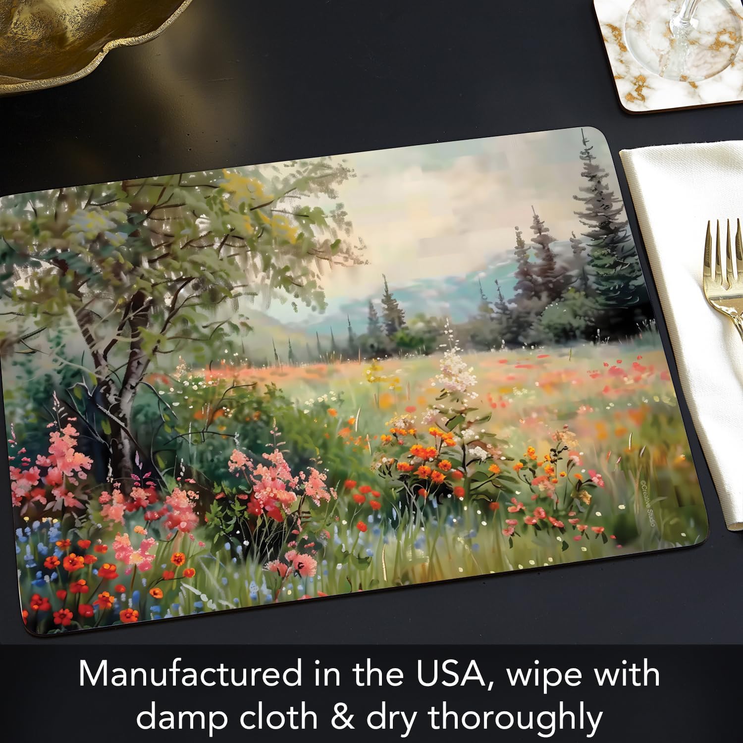 CounterArt Wildflower Field Boxed Set of 4 Premium Hardboard Placemats Decorative Heat Tolerant and Easily Wipes Clean