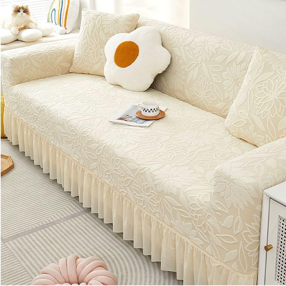 Sofa Covers With Skirt 1/2/3/4 Seater Super Soft Covers High Stretch Sofa Slipcover Printed Pattern Sofa Covers Anti Scratch Sofa Cover Non Slip Sofa Slipcove(Size:3 Seater (190-230cm),Color:D)