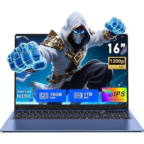 Gaming Laptop, 16 Inch Laptop Computer with Win 11 Pro, 12th Gen N150 Processor(up to 3.6GHz), 16GB RAM 1TB SSD, Backlit Keyboard, Bluetooth, FHD 1920 * 1200. Dark Blue.