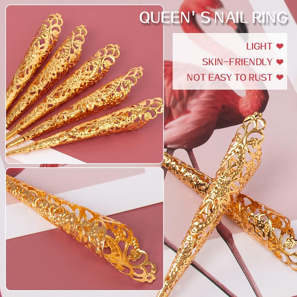 10 Pack Finger Nail Tip Claw Rings, Ancient Queen Costume Fingertip Claw Nail Rings Decoration Accessory, Colorfast, -proof and, for Cosplay Drama Dance Show (gold)