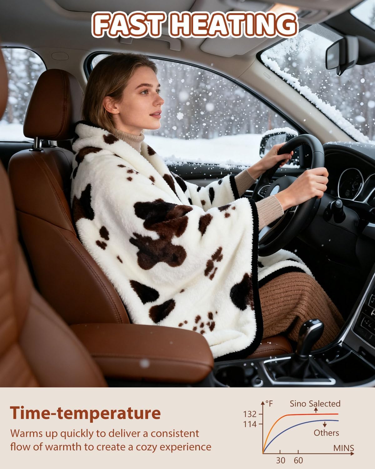 Cow Print Heated Car Throw Blanket,12/24 volt electric blanket, Black-Brown