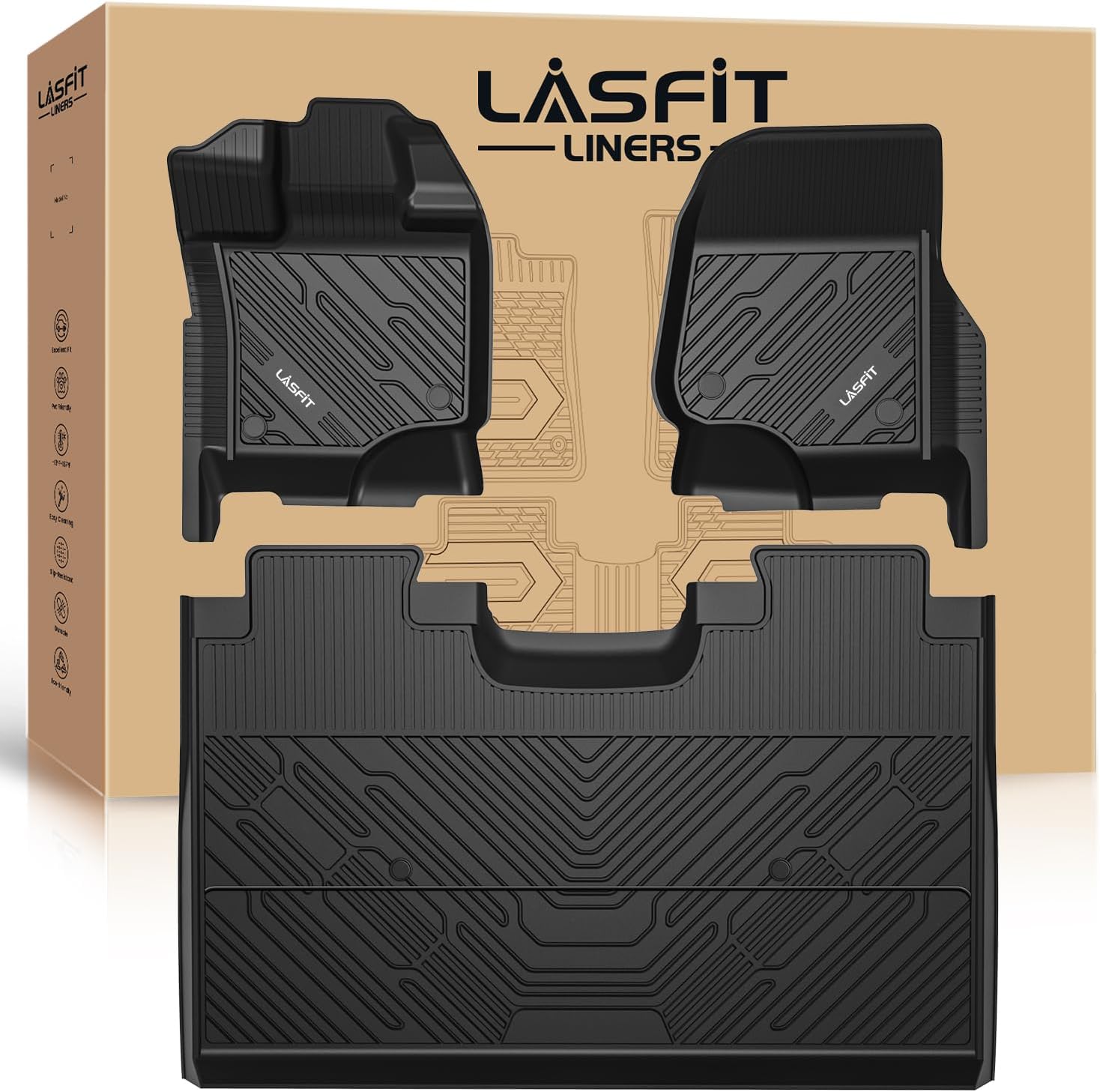 LASFIT Floor Mats for Ford F-150 2015-2026 | F150 Lightning 2022-2025 SuperCrew (Rear w/o Fold Flat Storage) Carpet Floor All Weather Protector TPE Truck Liners- 1st & 2nd Row, 3pcs Black