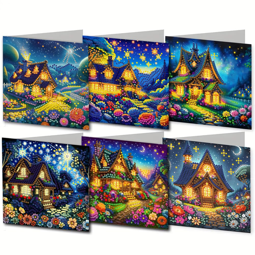 Meecaa House Night View Landscape Moon 6pcs Handmade 5D Diamond Painting Happy Birthday Cards with Envelopes, DIY Diamond Art Postcards for Friends Family Lover Gift (15CMx30CM) (House)